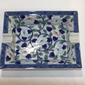 Vintage Maebata Japan Square Blue Pink Porcelain Lotus Flower Ashtray